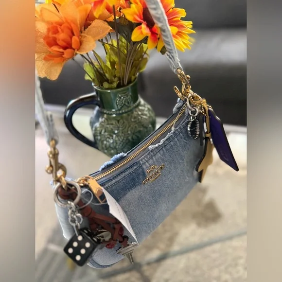 Coach Light Blue Denim Shoulder Bag with Gold Hardware and Purple Tag - Picture 5 of 9